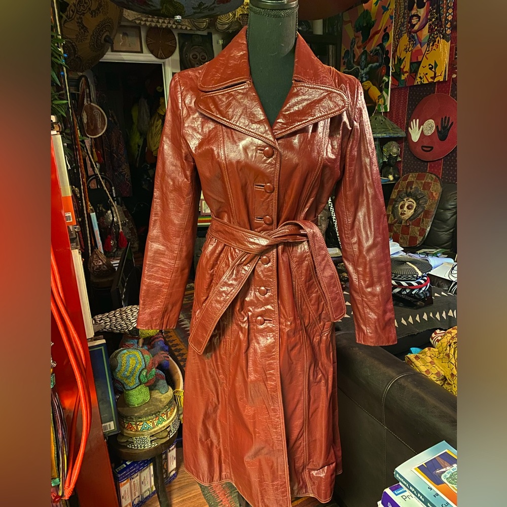 AUTHENTIC Vintage Burgundy Leather Long Coat, size 34